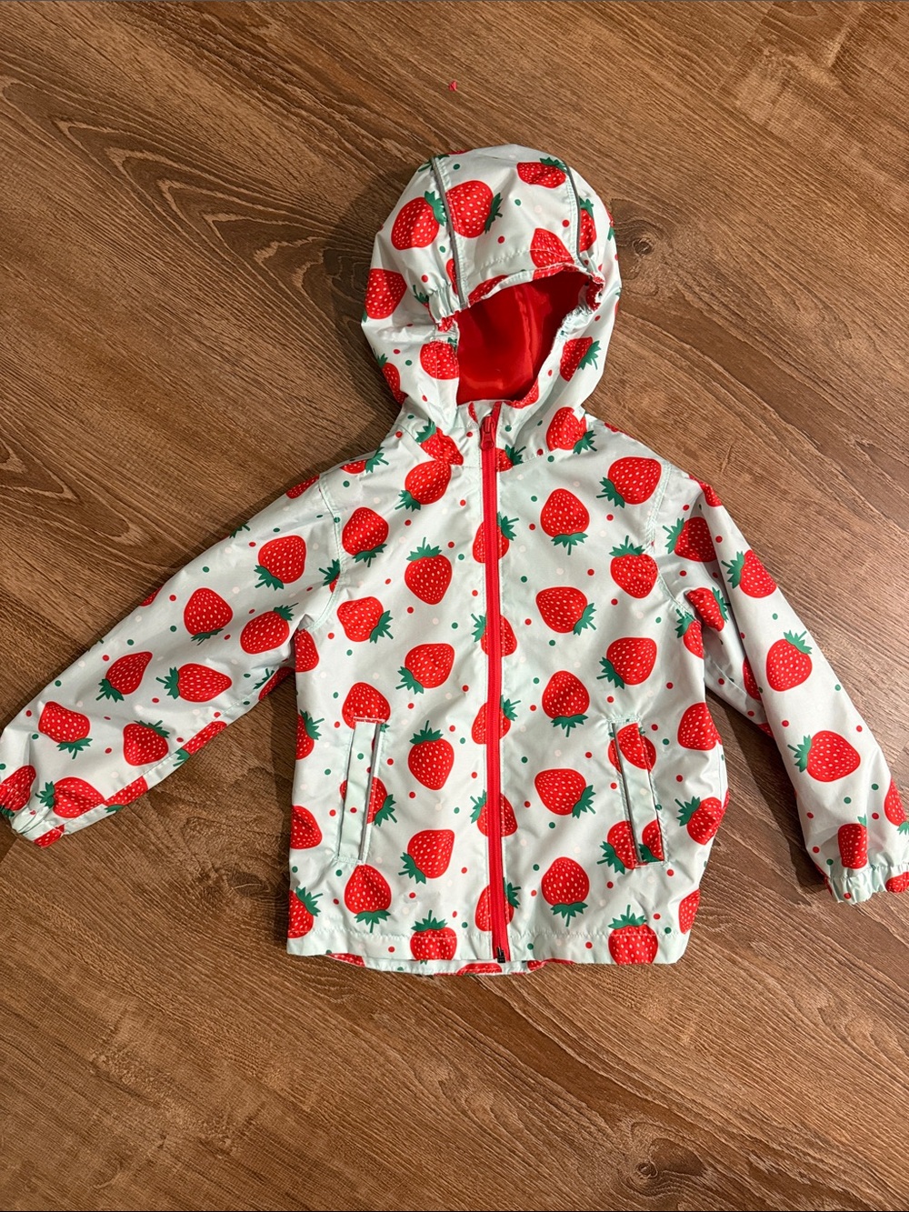 Kids' Strawberry Print Hooded Rain Jacket - White & Red